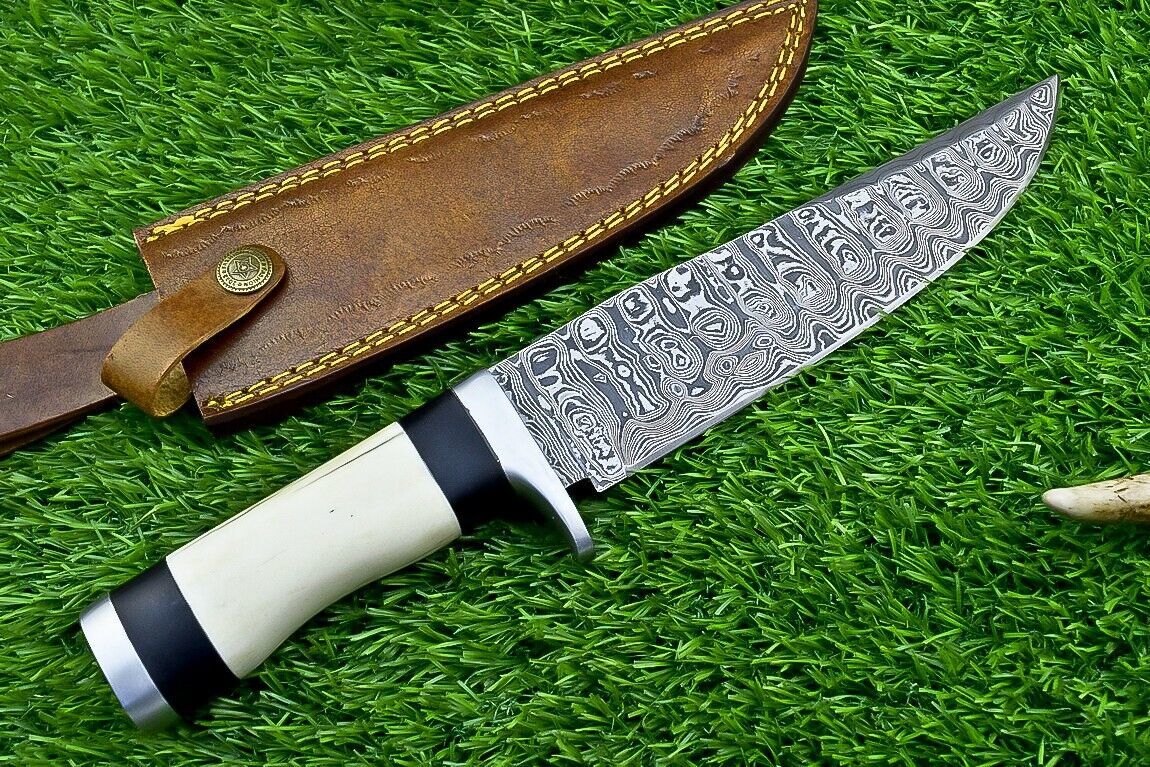 Custom Forged Damascus Steel Handmade Bowie Knife With Camel Bone Handle