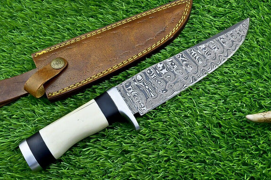 Custom Forged Damascus Steel Handmade Bowie Knife With Camel Bone Handle
