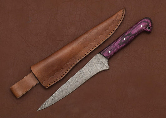 Custom Forged Damascus Steel Hunting & Chef Fillet Knife 8" Blade Pakka Wood Handle