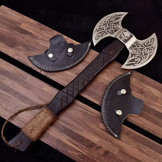 Custom Forged Double Head Viking Axe Carbon Steel with Wooden Handle and Leather Sheath for Camping and Bushcraft