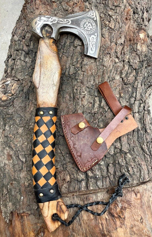 Custom Forged Replica Viking Axe with Etched Carbon Steel Head and Wooden Handle for Bushcraft and Camping