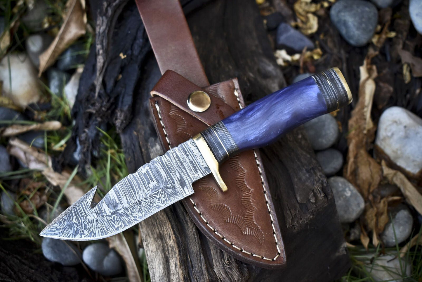Custom Forged Skinner Knife with Gut Hook Twist Damascus Corian Handle for Hunting and Survival