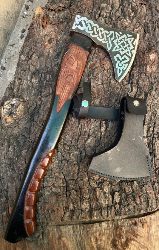 Custom Forged Viking Axe 22" Carbon Steel Camping Hatchet with Leather Sheath