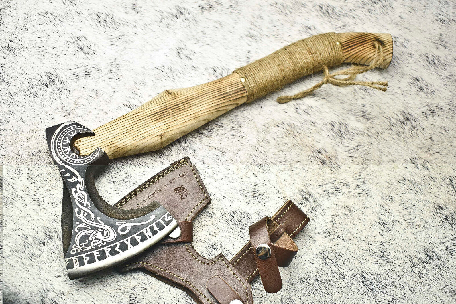 Custom Handmade Forged Viking Bearded Axe with Natural Wood Handle and Leather Sheath