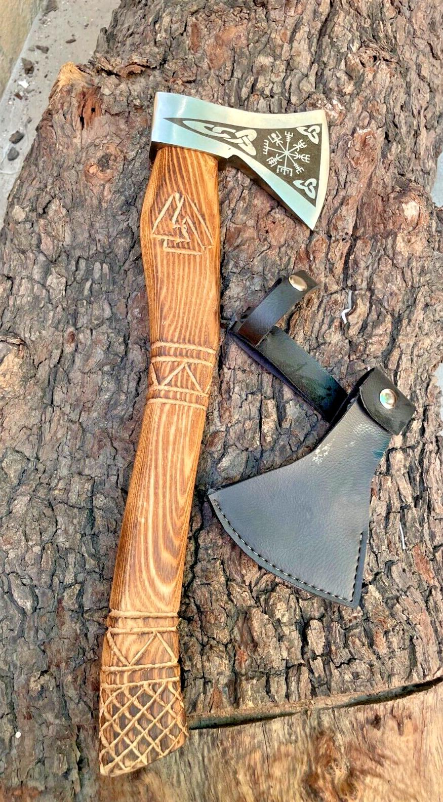 Custom Forged Viking Hatchet 22 Inch Carbon Steel Camping Axe with Wooden Handle and Leather Sheath