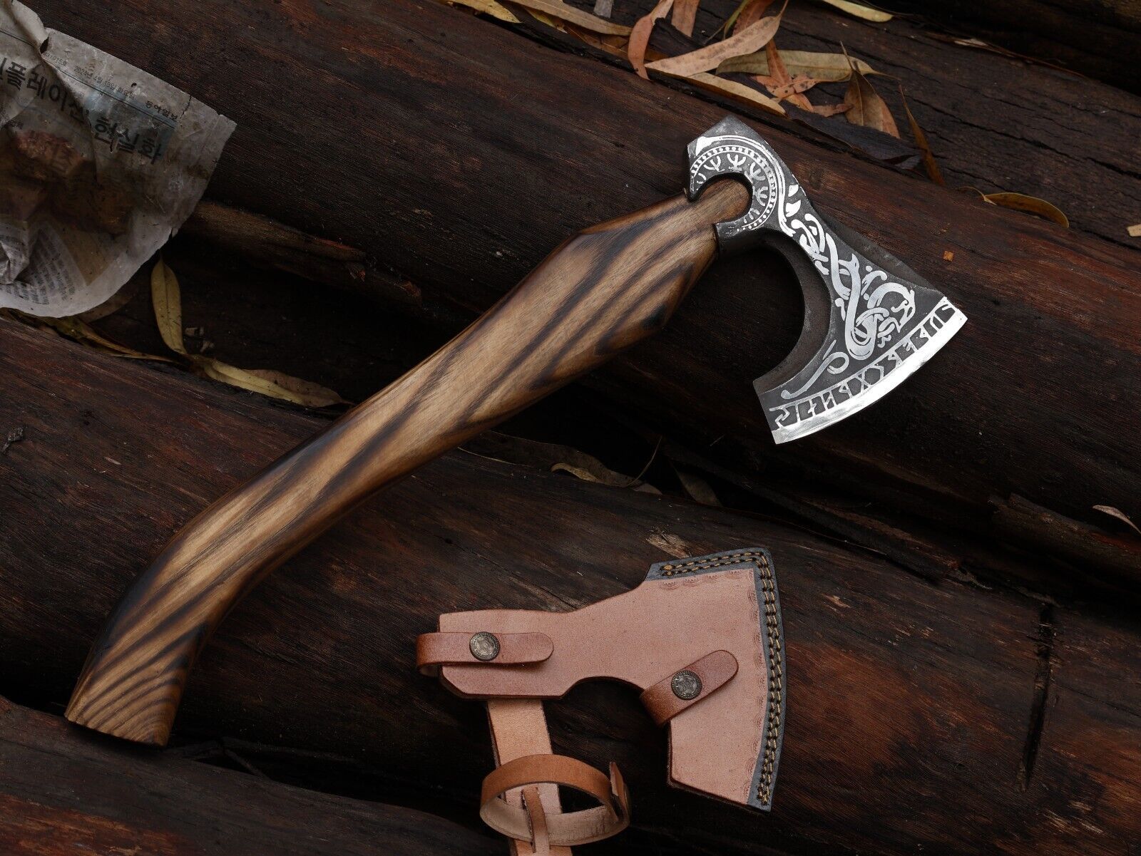 Custom Forged Viking Tomahawk Axe with Ash Wood Handle and Leather Sheath