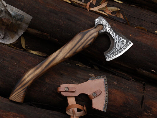 Custom Forged Viking Tomahawk Axe with Ash Wood Handle and Leather Sheath
