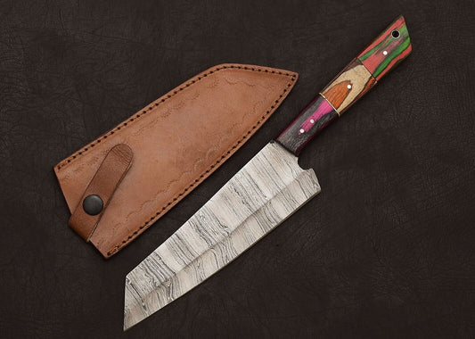Custom Full Tang Damascus Steel Kitchen & Hunting Knife 8" Blade Pakka Wood Handle