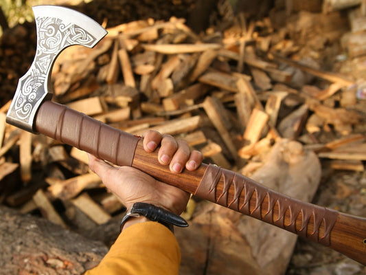Custom Gift Forged Handmade Carbon Steel Viking Axe – Camping Hatchet with Leather Sheath