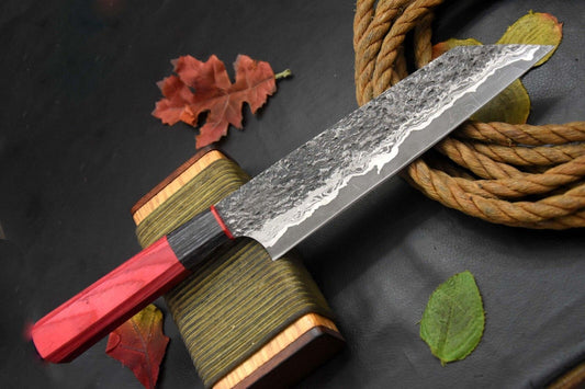 Custom Hammered San Mai Damascus Steel Chef Knife Handmade, Wooden Handle