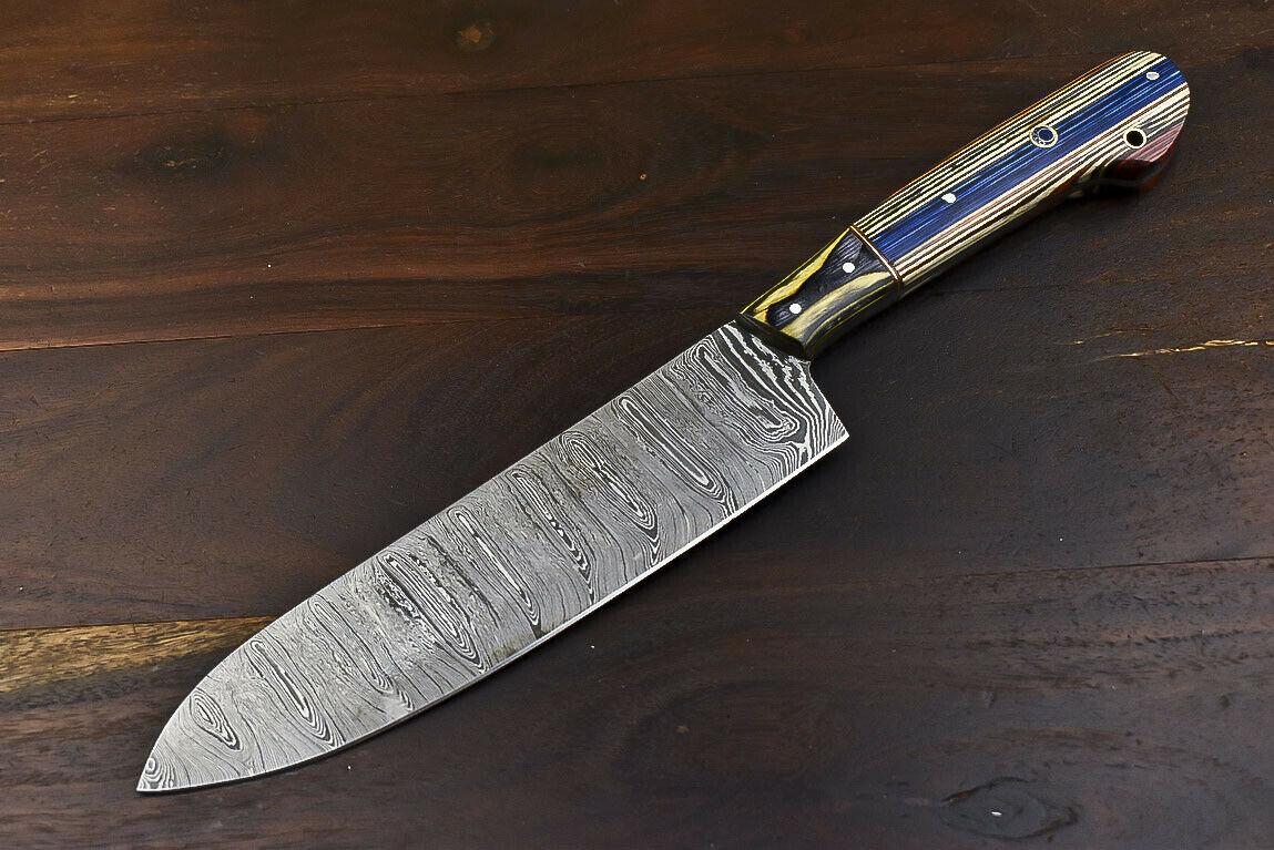 Custom Hand-Forged Damascus Steel Combat, Hunting & Chef Knife with Hard Wood Handle, 8.5-Inch Blade, 14-Inch Overall, Wooden Bolster, Full Tang, Oil-Tempered 58-60 HRC