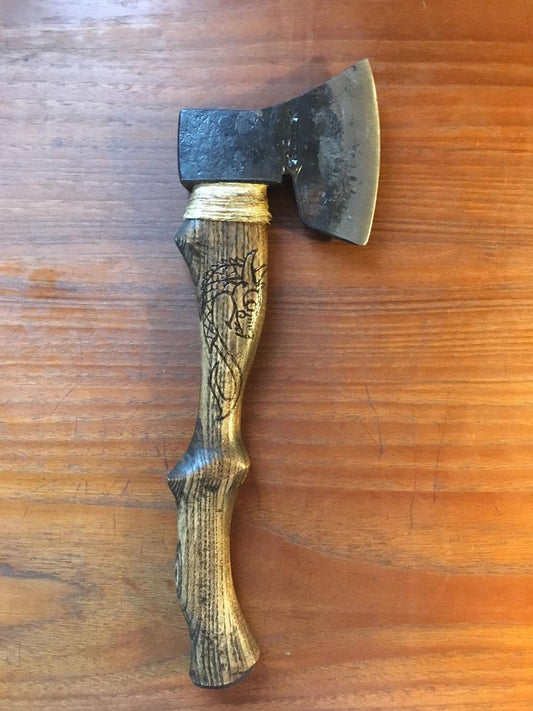 Custom Hand-Forged Viking Battle Axe | Hatchet with Hand-Carved Hickory Handle