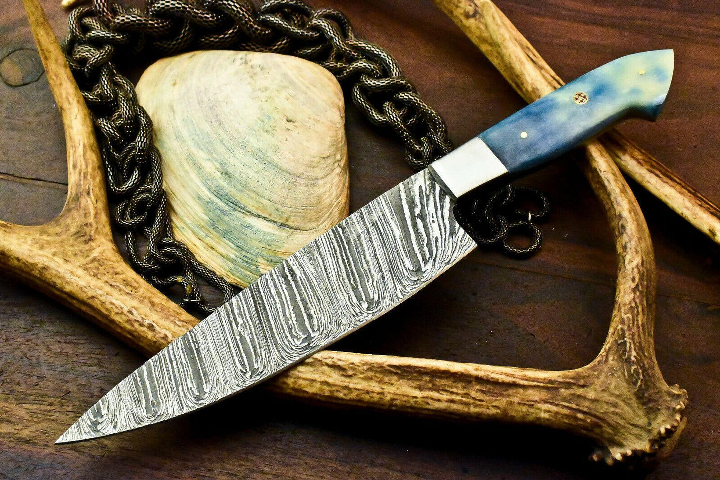 Custom HandMade Damascus Steel Chef Knife, Full Tang, 7.5-Inch Blade, 12.5-Inch Overall, Stained Camel Bone Handle, Oil-Tempered 58-60 HRC, Handcrafted