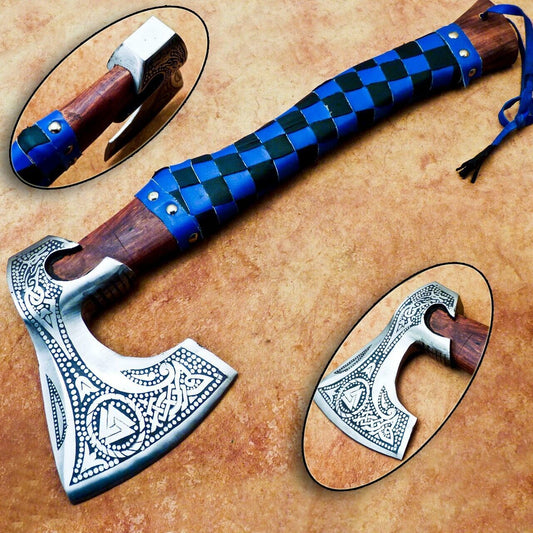 Custom Hand Forged Carbon Steel Viking Bearded Camping Axe 17" Hatchet Tomahawk with Wood Handle and Leather Sheath