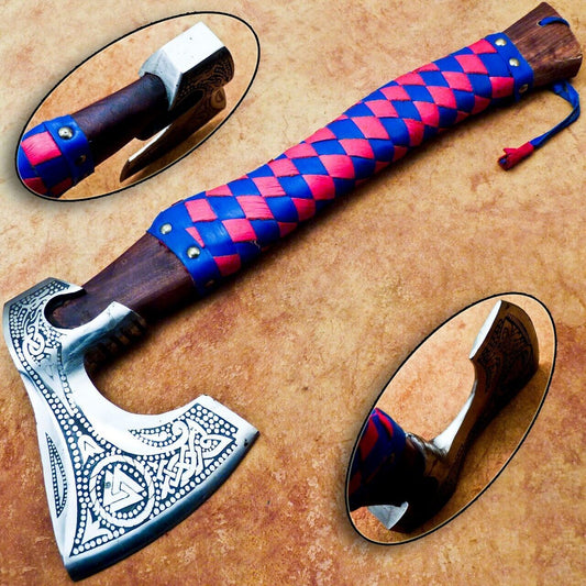 Custom Hand Forged Carbon Steel Viking Bearded Camping Hatchet Tomahawk Axe with Natural Wood Handle and Leather Sheath
