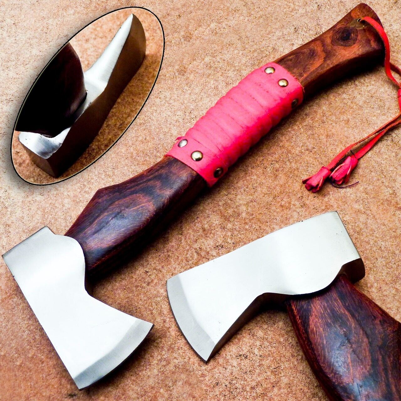 Custom Hand Forged Carbon Steel Viking Throwing Axe Bearded Hatchet Tomahawk with Natural Wood Handle and Leather Sheath 13"