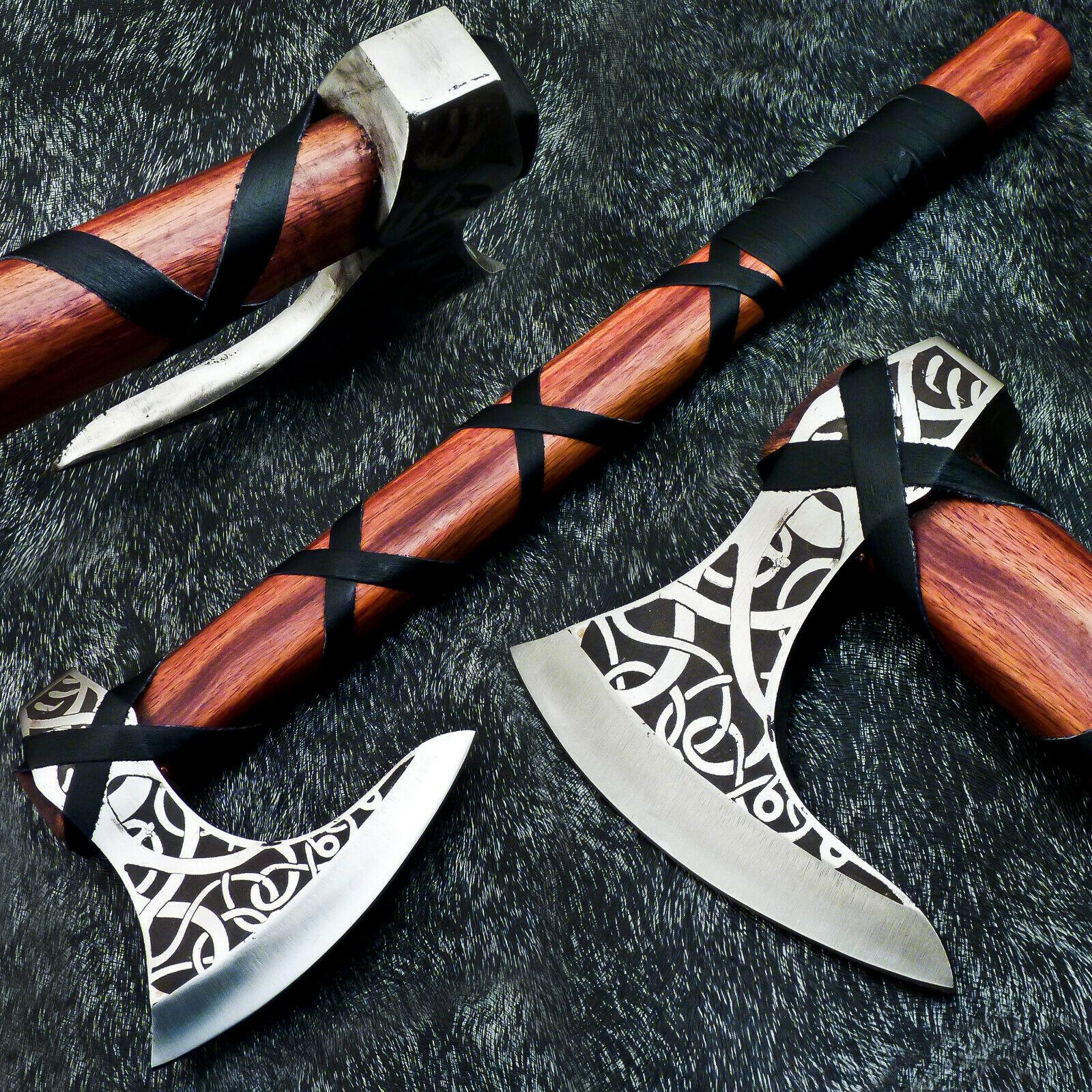 Custom Hand Forged Carbon Steel Viking Tomahawk – Unique Etched Axe with Leather Sheath