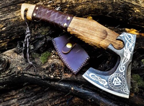 Custom Hand Forged Carbon Steel Viking Valhalla Battle Axe – Throwing Axe with Leather Sheath