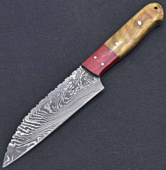 Custom Hand Forged Damascus Blade Professional Kitchen Chef Knife - Olive Wood