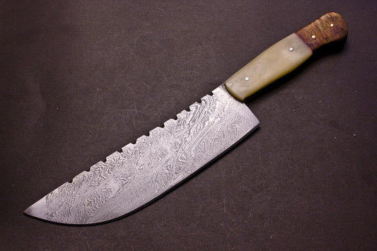 Custom Hand Forged Damascus Kitchen Chef Knife with Camel Bone & Hardwood Handle