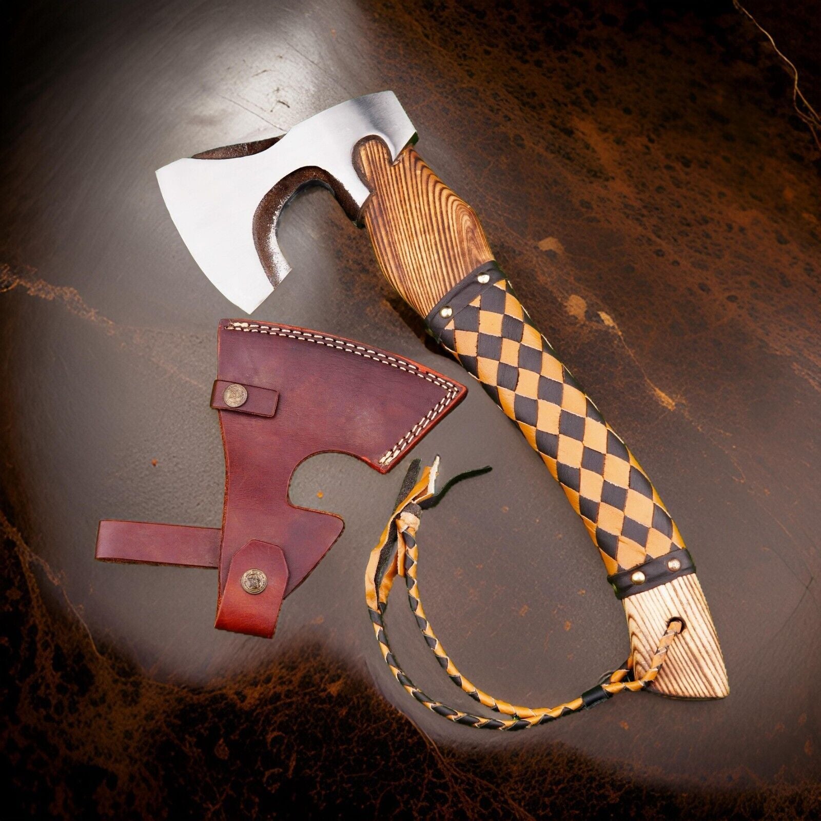 Custom Hand Forged Viking Axe Carbon Steel Bearded Battle Axe for Camping with Leather Sheath