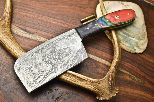 Custom Hand Made Damascus Blade Chef Chopper Knife | Full Tang Hard Wood