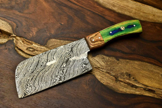 Custom Hand Made Damascus Blade Chef Chopper Knife | Full Tang | Hard Wood Handle