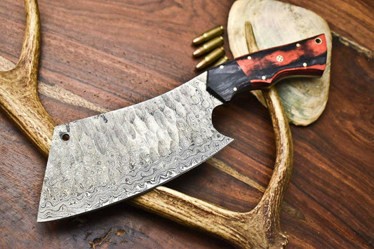 Custom Hand Made Damascus Blade Chef Chopper Knife | Hard Wood Handle
