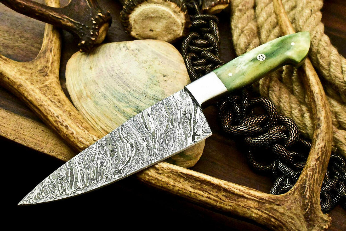 Custom Hand Made Damascus Steel Chef Knife with Stained Camel Bone Handle, Full Tang, 6-Inch Blade, 10.5-Inch Overall, Oil-Tempered 58-60 HRC, Handcrafted