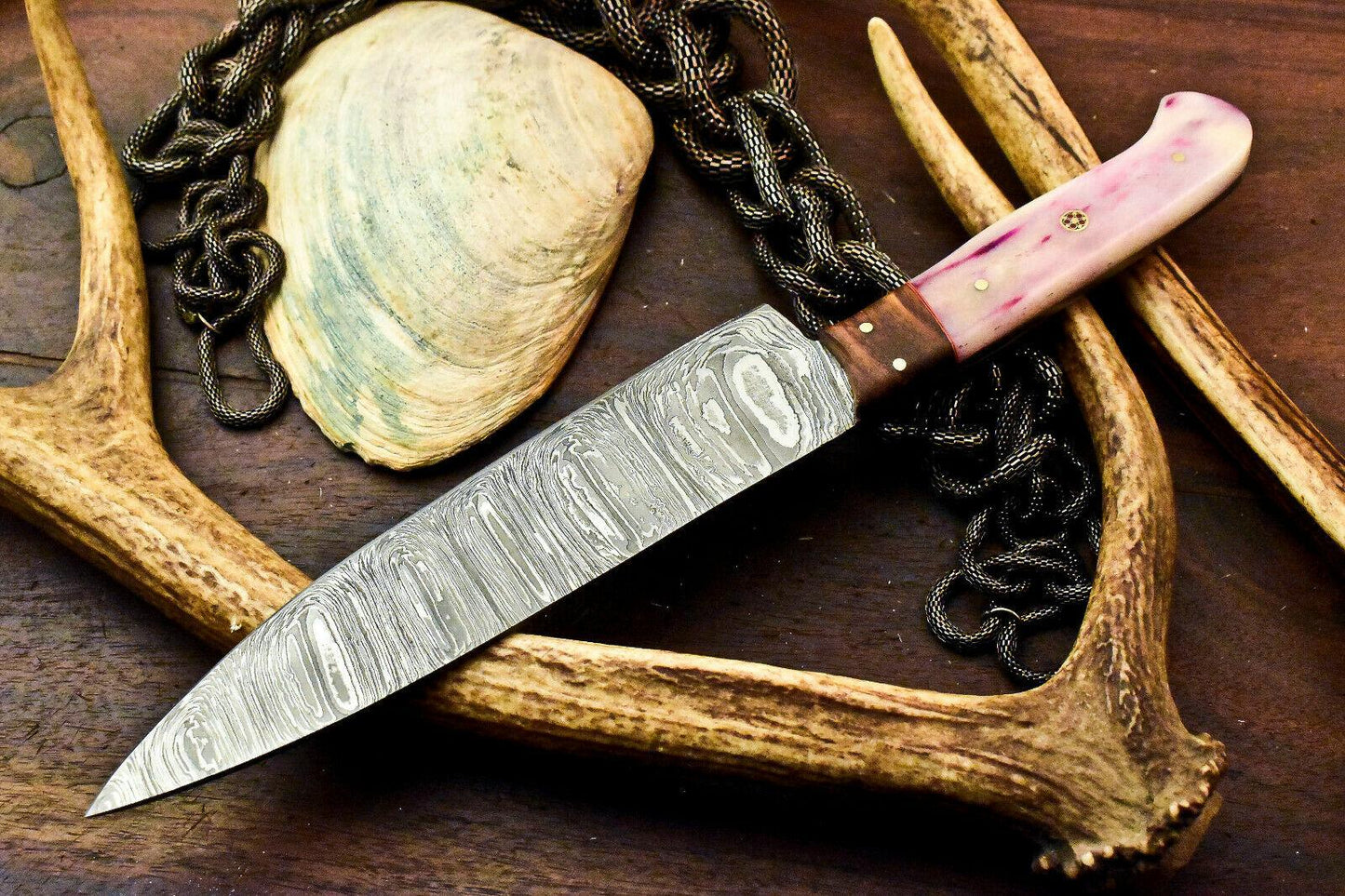 Custom Hand Made Damascus Steel Chef Knife with Stained Camel Bone Handle, Full Tang, 7.5-Inch Blade, 12.5-Inch Overall, Oil-Tempered 58-60 HRC, Handcrafted