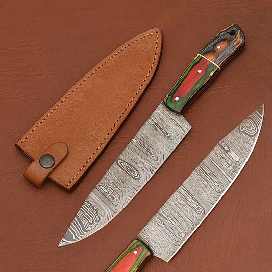 Custom Handmade 12" Damascus Steel Chef Knife | Wood Handle & Leather Sheath