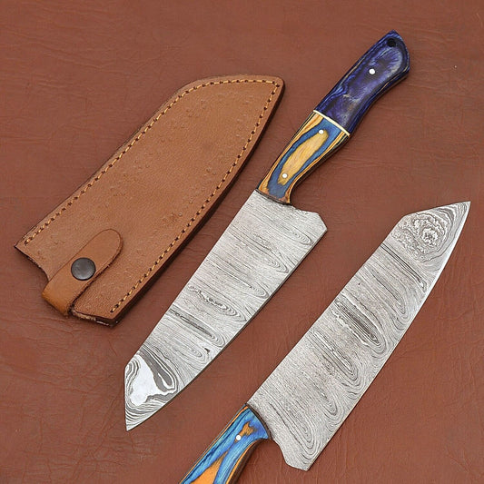 Custom Handmade 12" Damascus Steel Chef Knife | Wood Handle with Leather Sheath