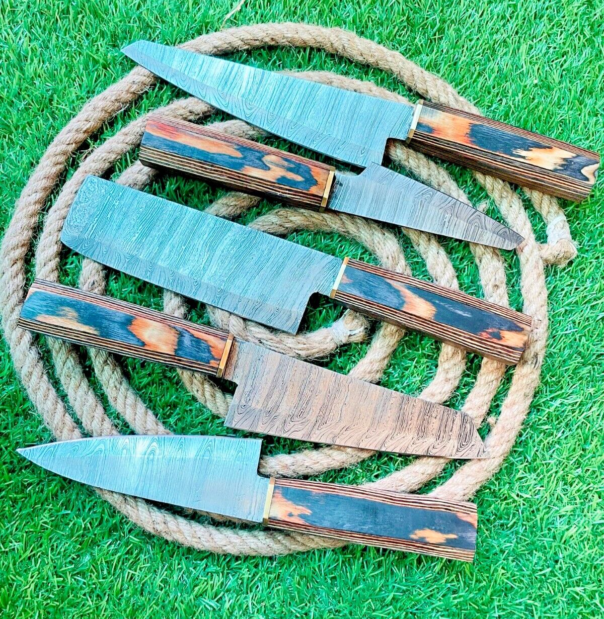 Custom Handmade 5-Piece Damascus Steel Chef Knife Set – Professional Kitchen Cutlery with Wooden Handles & Leather Bag