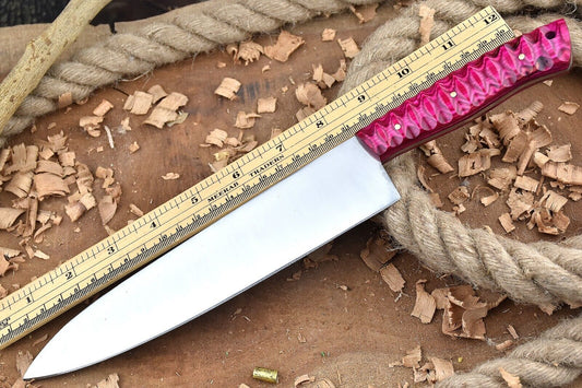 Custom Handmade Carbon Steel Chef Knife – 13.5" Full Tang Kitchen Knife with Engraved Pink Dollar Handle