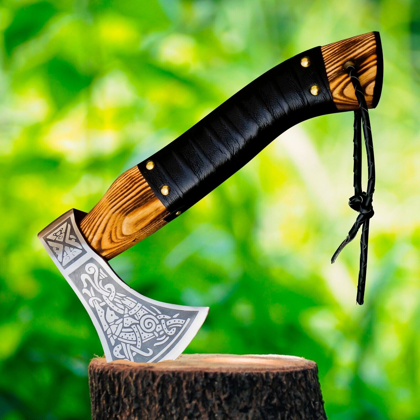 Custom Handmade Carbon Steel Viking Axe Tomahawk Throwing Hatchet with Ash Wood Handle and Leather Sheath