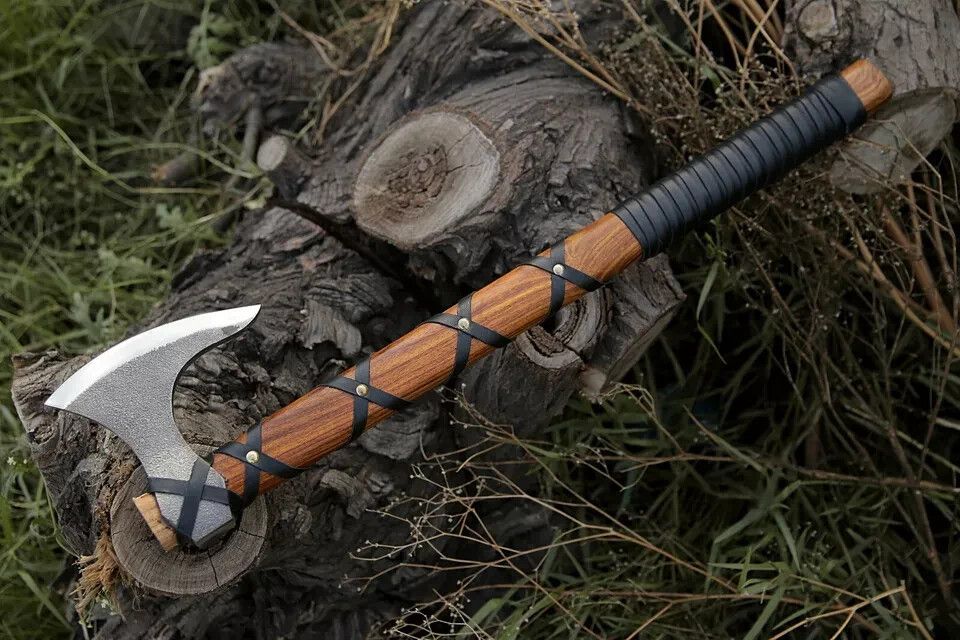 Custom Handmade Carbon Steel Viking Axe with Rosewood Handle and Leather Sheath – 20 Inch Bearded Axe