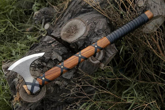 Custom Handmade Carbon Steel Viking Axe with Rosewood Handle and Leather Sheath – 20 Inch Bearded Axe