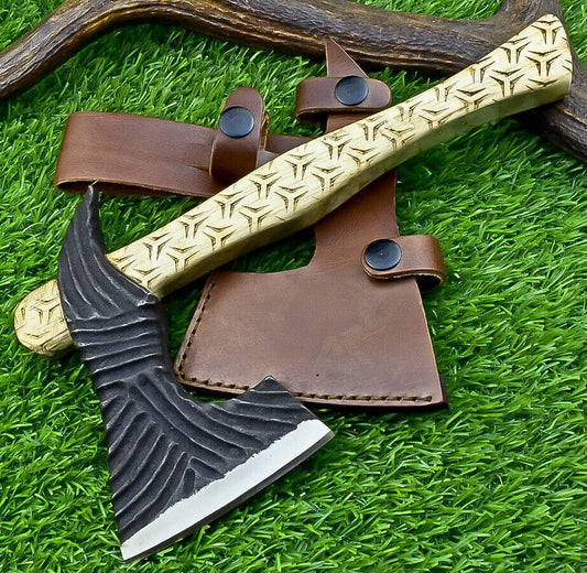 Custom Handmade Carbon Steel Viking Tomahawk with Engraved Olive Wood Handle and Sheath