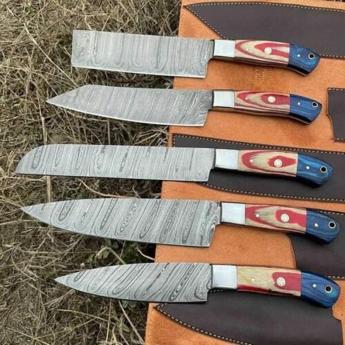 Custom Handmade Damascus 5 Piece Chef Knife Set – Brass Guards & Unique Sheet Handles