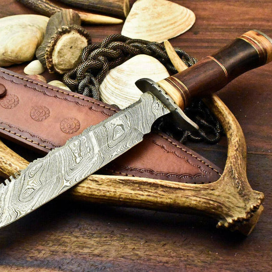 Custom Handmade Damascus Bowie Hunting Knife – Walnut Wood Handle