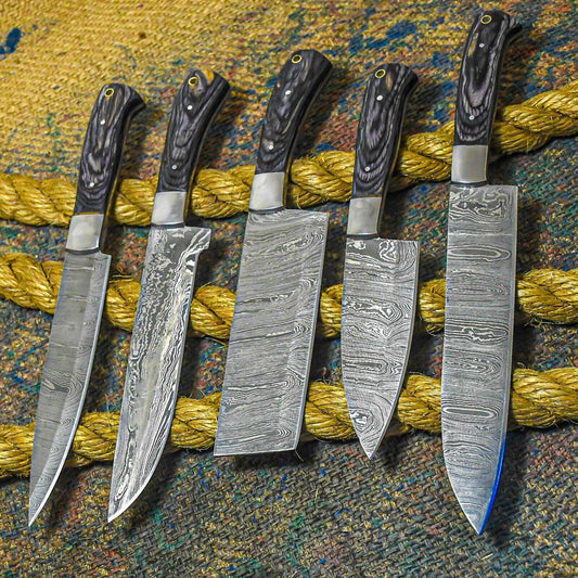 Custom Handmade Damascus Chef Knife Set | 5-Piece Colored Wood Handle