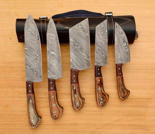 Custom Handmade Damascus Chef Knife Set of 5 – Professional Kitchen Knives with Leather Sheath