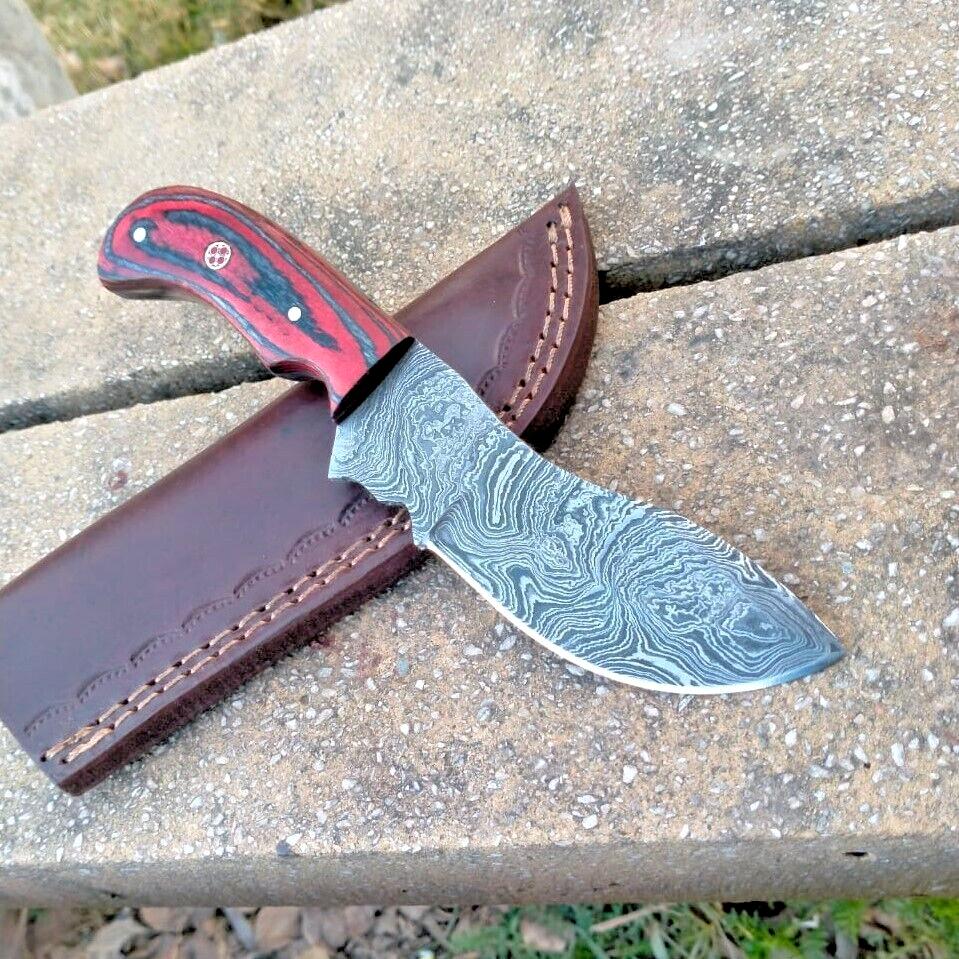 Custom Handmade Damascus Hunting Tracker Knife | Wood Handle with Leather Sheath