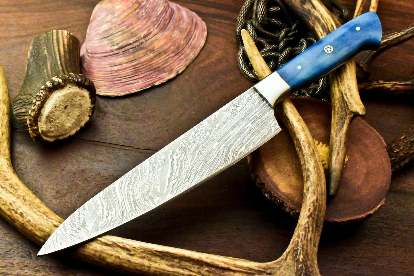 Custom Handmade Damascus Skinning Knife for Hunting, Camping, and Chef Use | Full Tang, 7.5-Inch Blade, 12-Inch Overall, Oil-Tempered 58-60 HRC