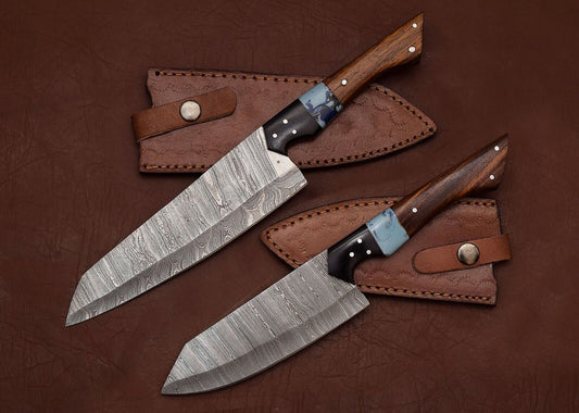 Custom Handmade Damascus Steel 2-Piece Chef & Fillet Knife Set with Rosewood Handles and Leather Sheaths