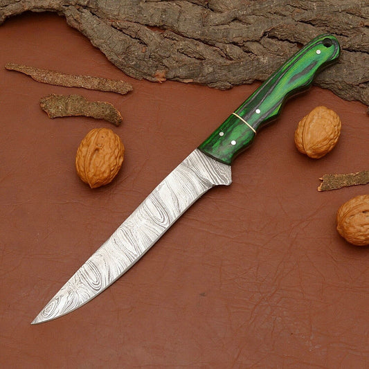 Custom Handmade Damascus Steel 7" Chef Fillet Knife with Pakka Wood Handle & Leather Sheath