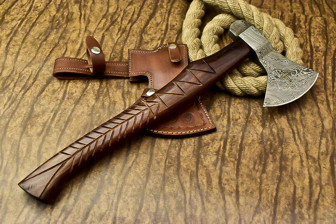 Custom Handmade Damascus Steel Axe Tomahawk Hatchet Knife with Hardwood Handle