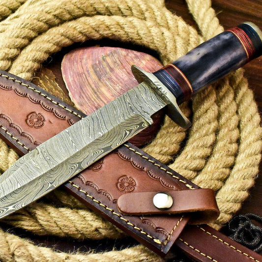Custom Handmade Damascus Steel Bowie Hunting Knife | Stained Camel Bone Handle