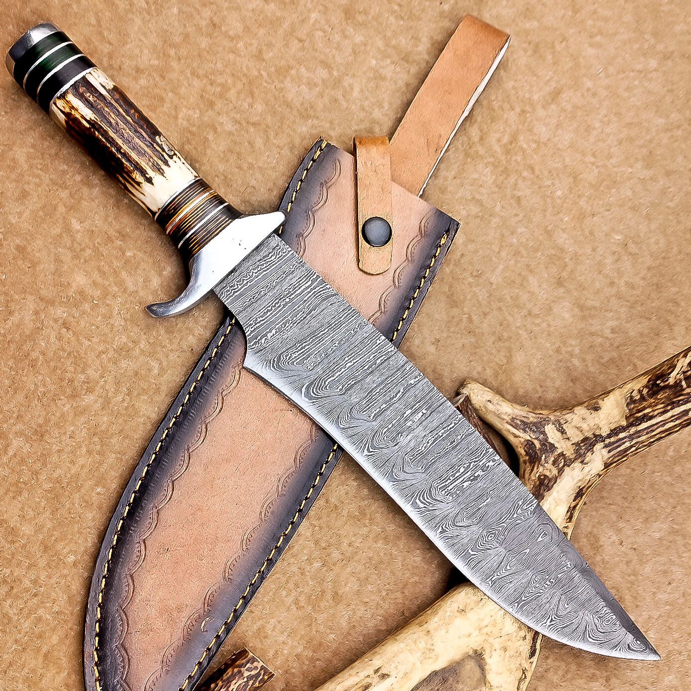 Custom Handmade Damascus Steel Bowie Knife with Stag Antler Handle