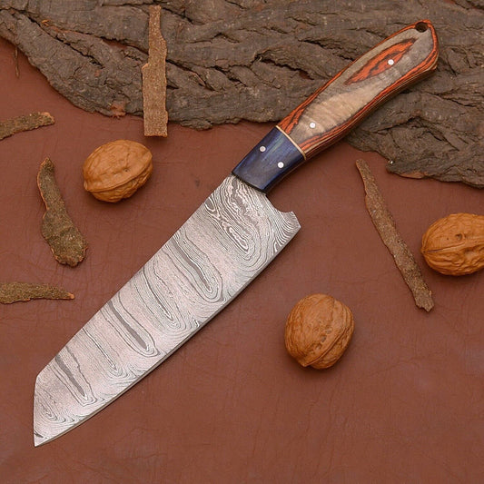 Custom Handmade Damascus Steel Chef Fillet Knife | 12" Wood Handle with Leather Sheath